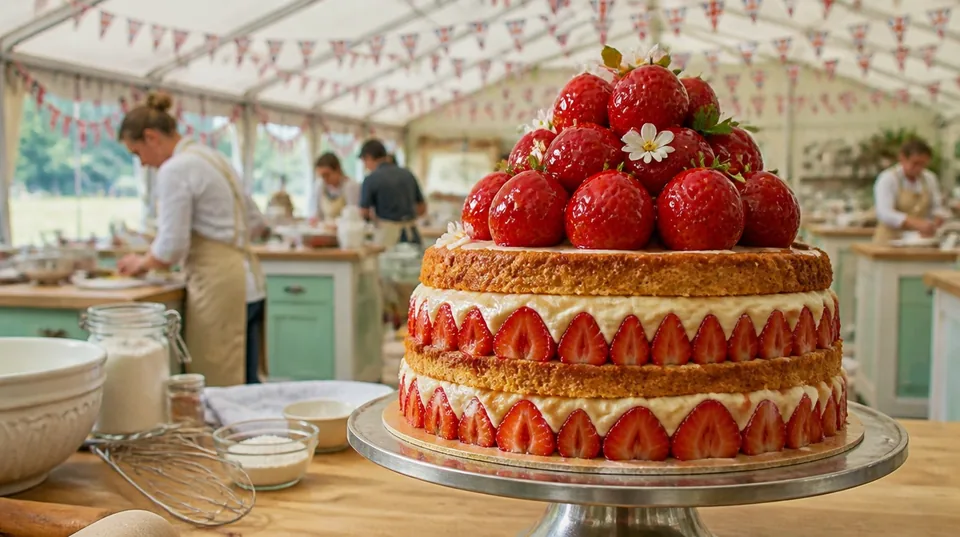A strawberry-topped layer cake on a stand inside a baking-competition tent